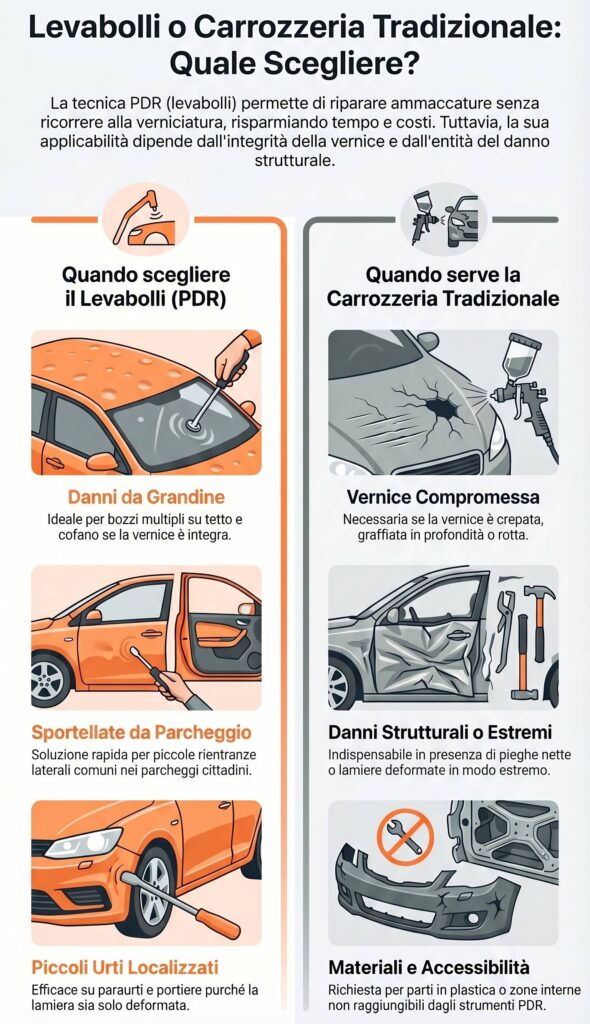 Infografica confronto levabolli Molise e carrozzeria tradizionale: quando scegliere tecnica PDR per riparare ammaccature senza verniciare in Molise